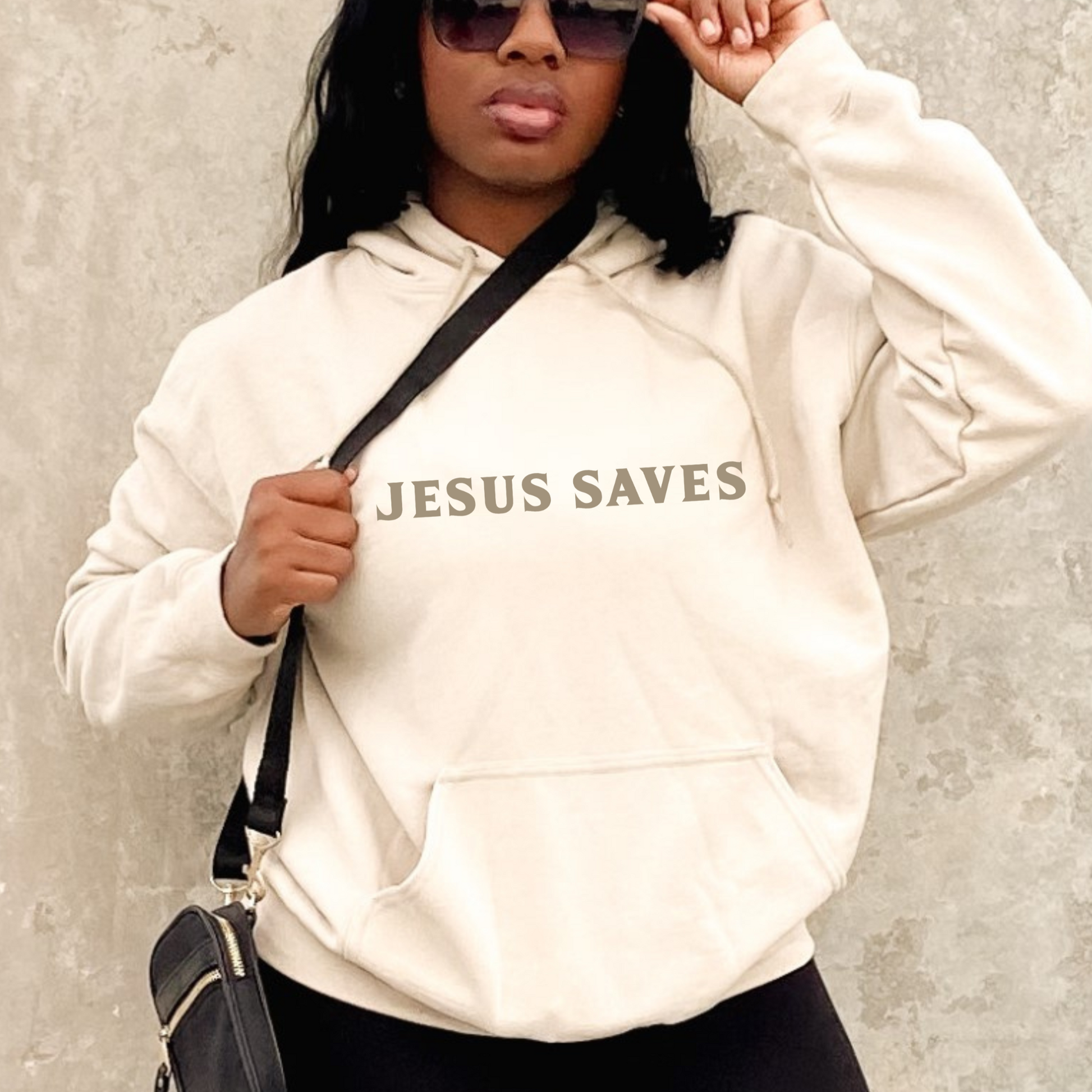 tan hoodie Jesus saves
