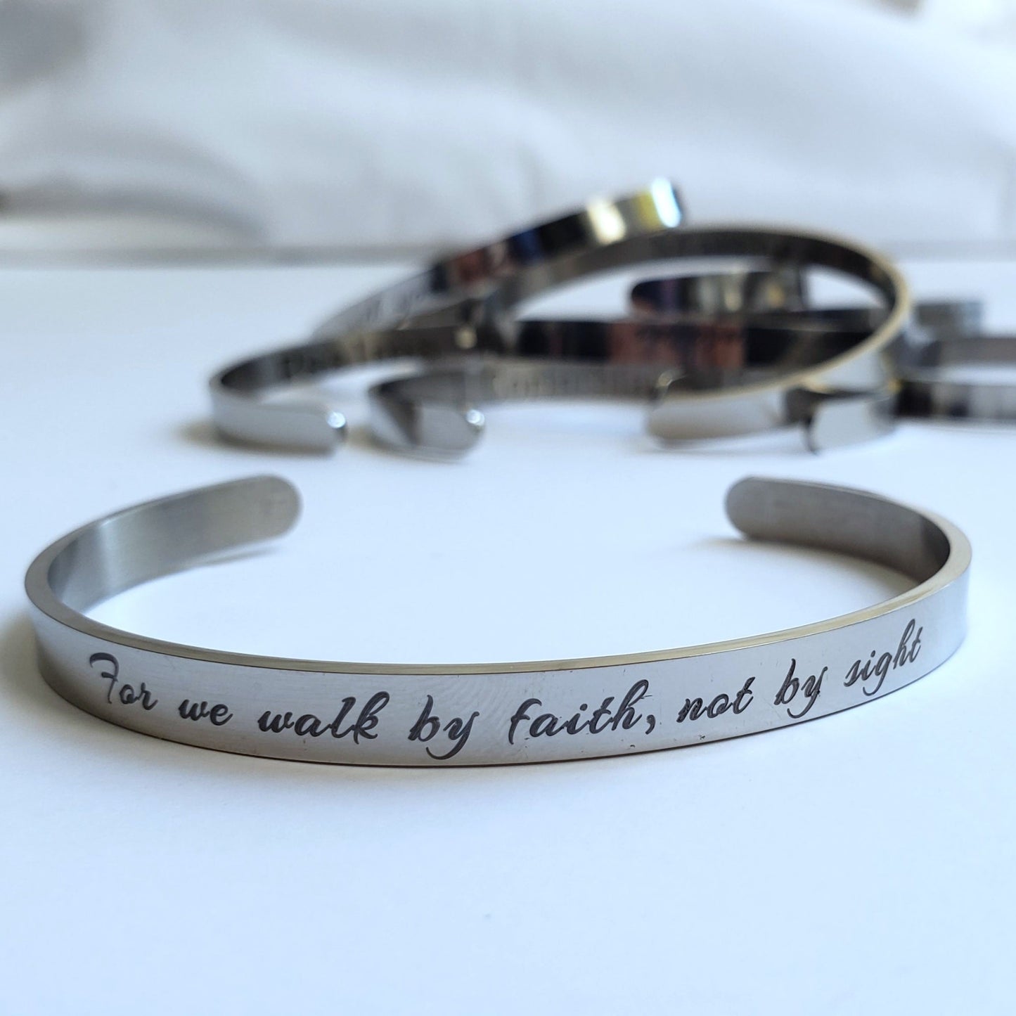 Open cuff engraved Bible verse bangle