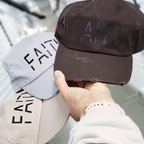 Faith distressed dad baseball hat with embroidered script, Christian apparel